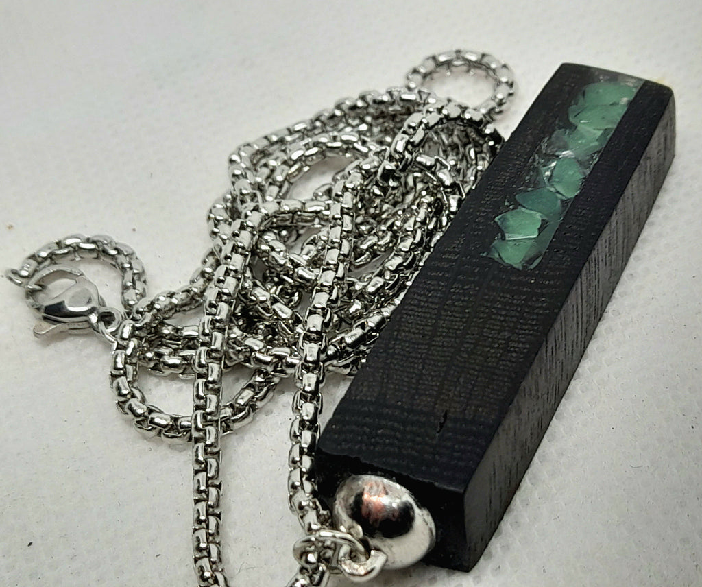 Handmade Irish Bog Oak Bar Pendant – Glow-in-the-Dark Green Stone Channel | Silver Chain