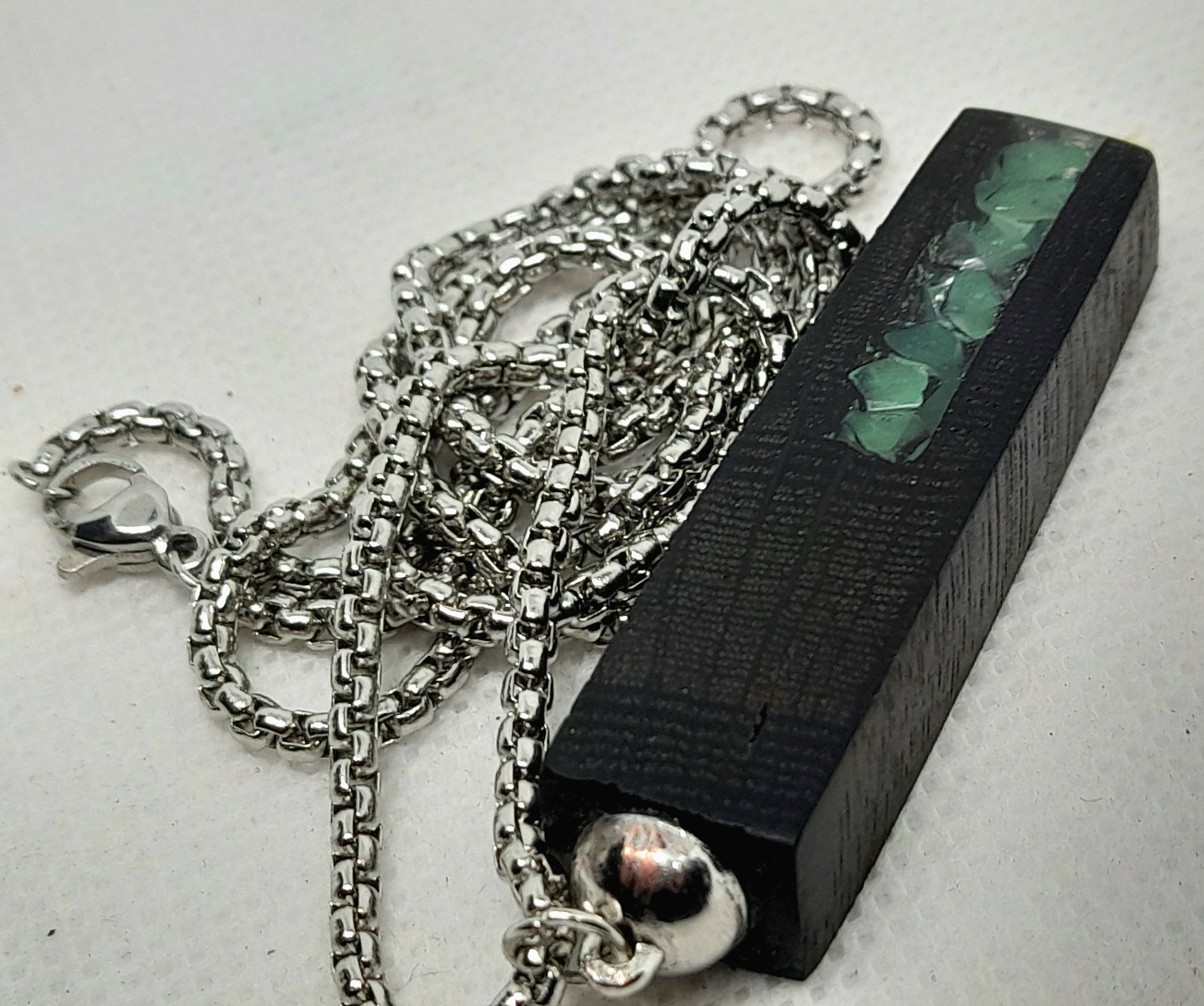 Handmade Irish Bog Oak Bar Pendant – Glow-in-the-Dark Green Stone Channel | Silver Chain