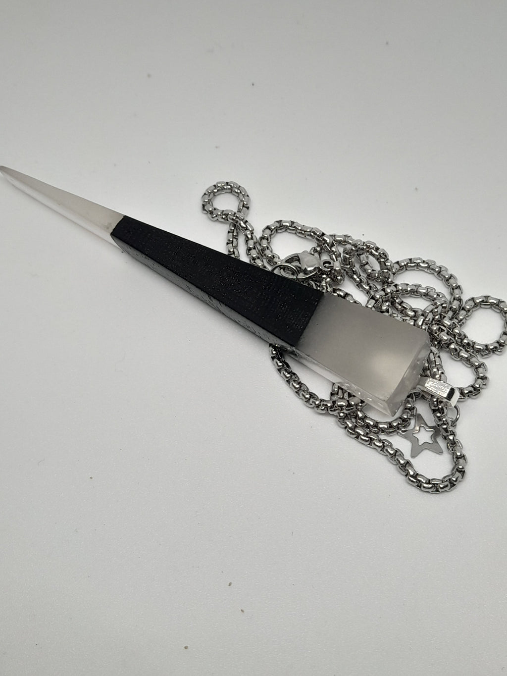 Handmade Irish Bog Oak Dagger Pendant – Glow-in-the-Dark Cyan Resin | Titanium Plated Chain