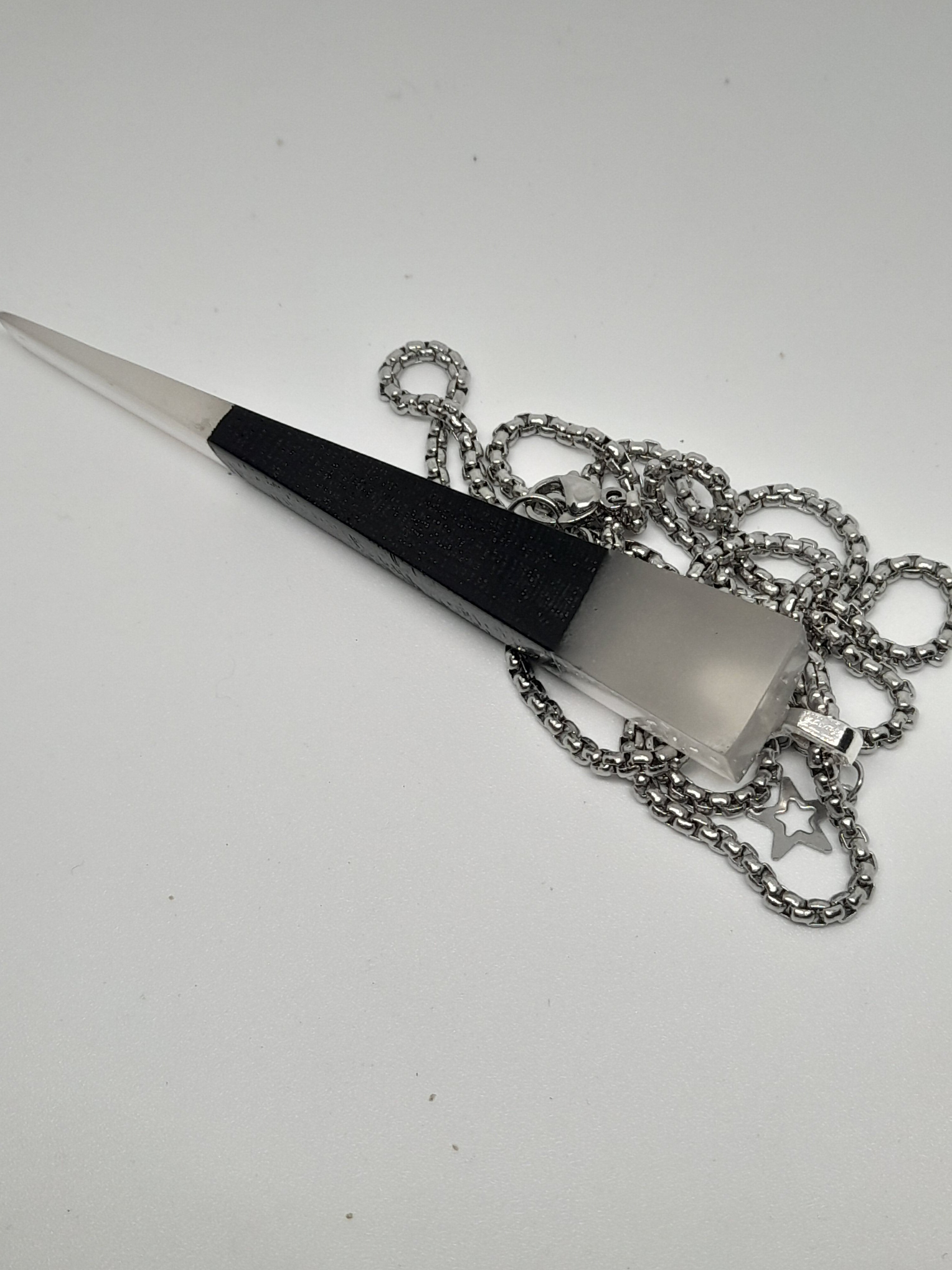 Handmade Irish Bog Oak Dagger Pendant – Glow-in-the-Dark Cyan Resin | Titanium Plated Chain