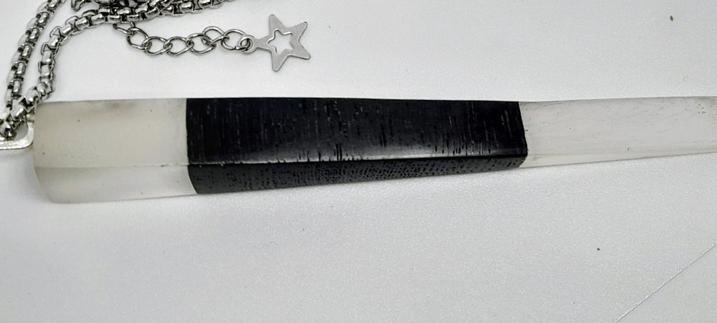 Handmade Irish Bog Oak Dagger Pendant – Glow-in-the-Dark Cyan Resin | Titanium Plated Chain