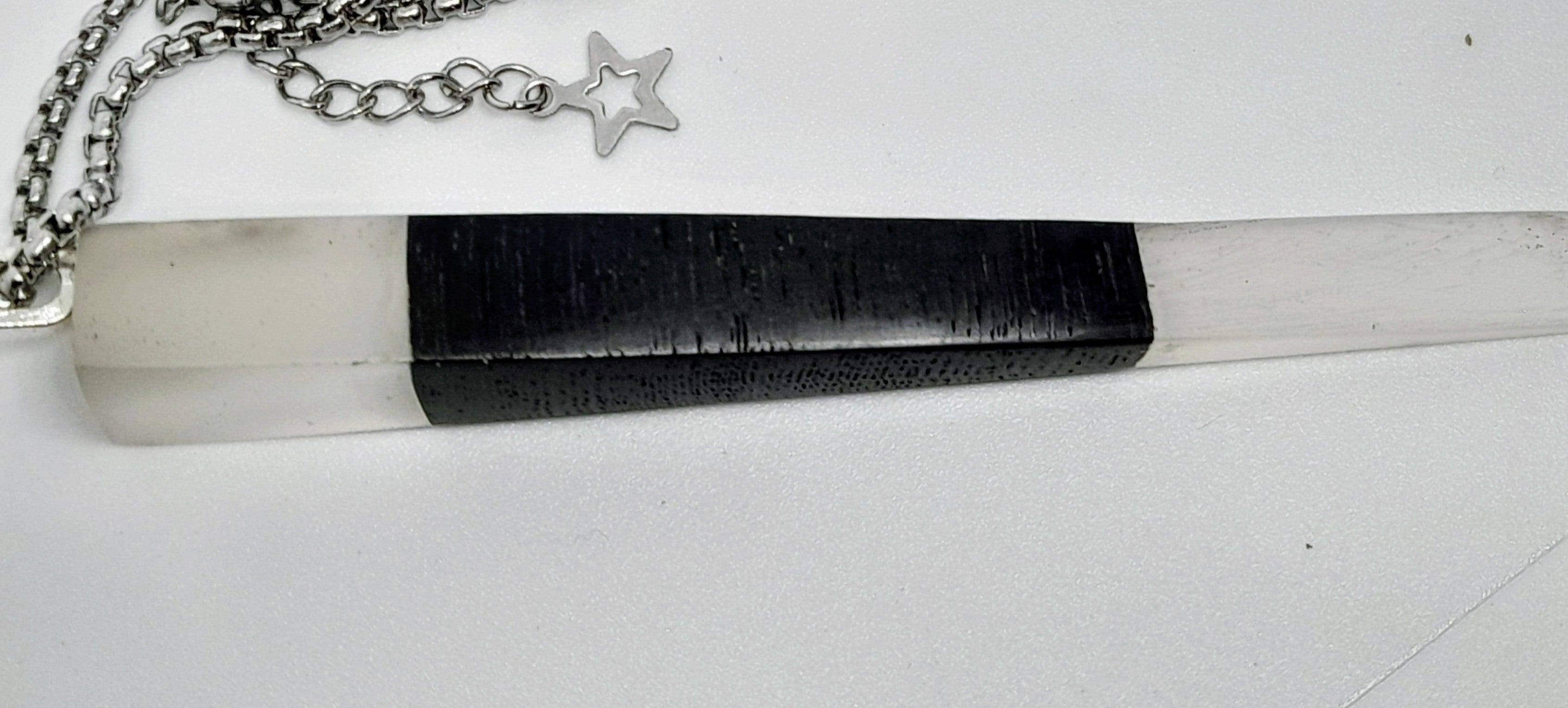 Handmade Irish Bog Oak Dagger Pendant – Glow-in-the-Dark Cyan Resin | Titanium Plated Chain