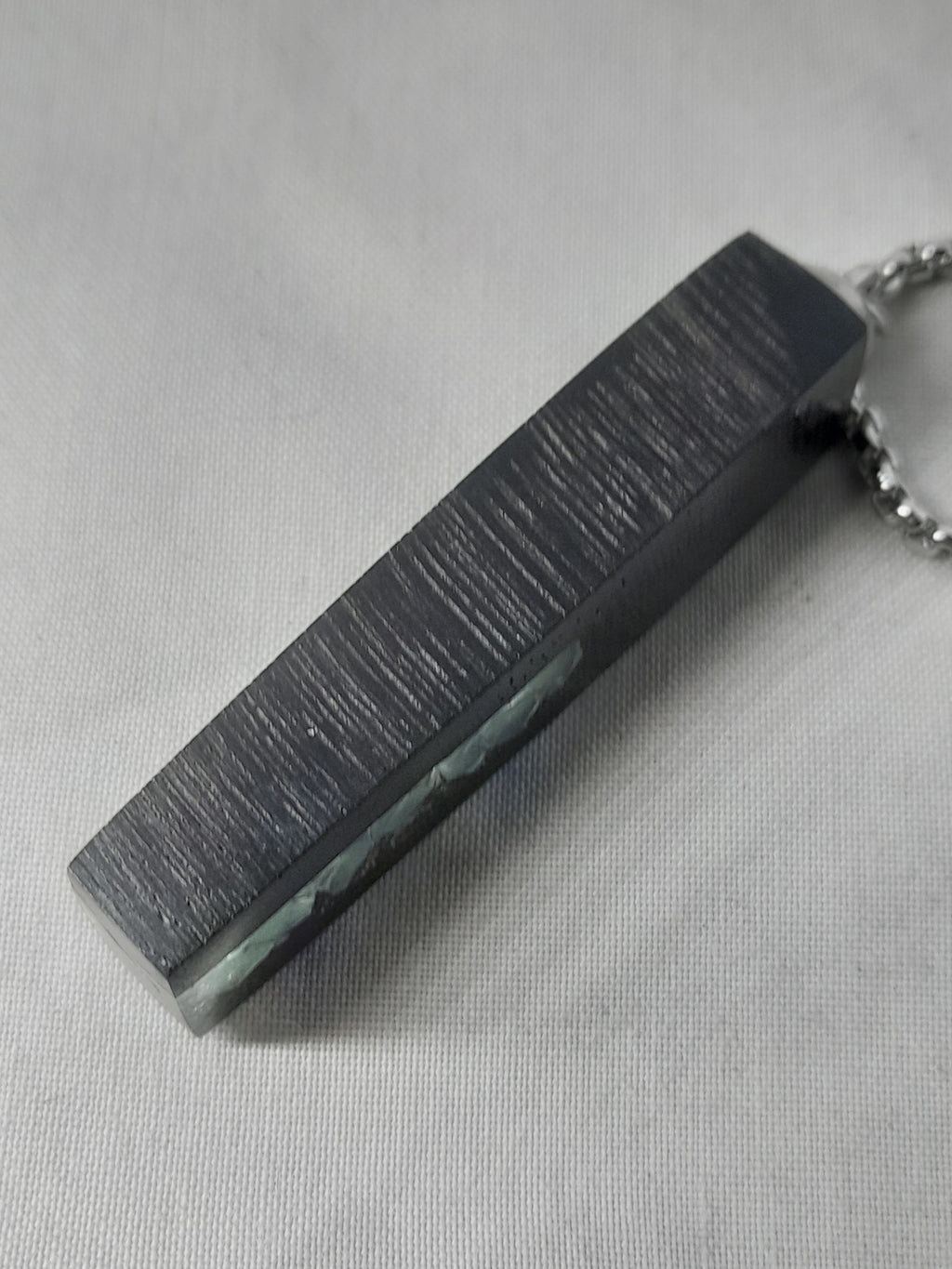 Handmade Irish Bog Oak Bar Pendant – Glow-in-the-Dark Green Stone Channel | Silver Chain