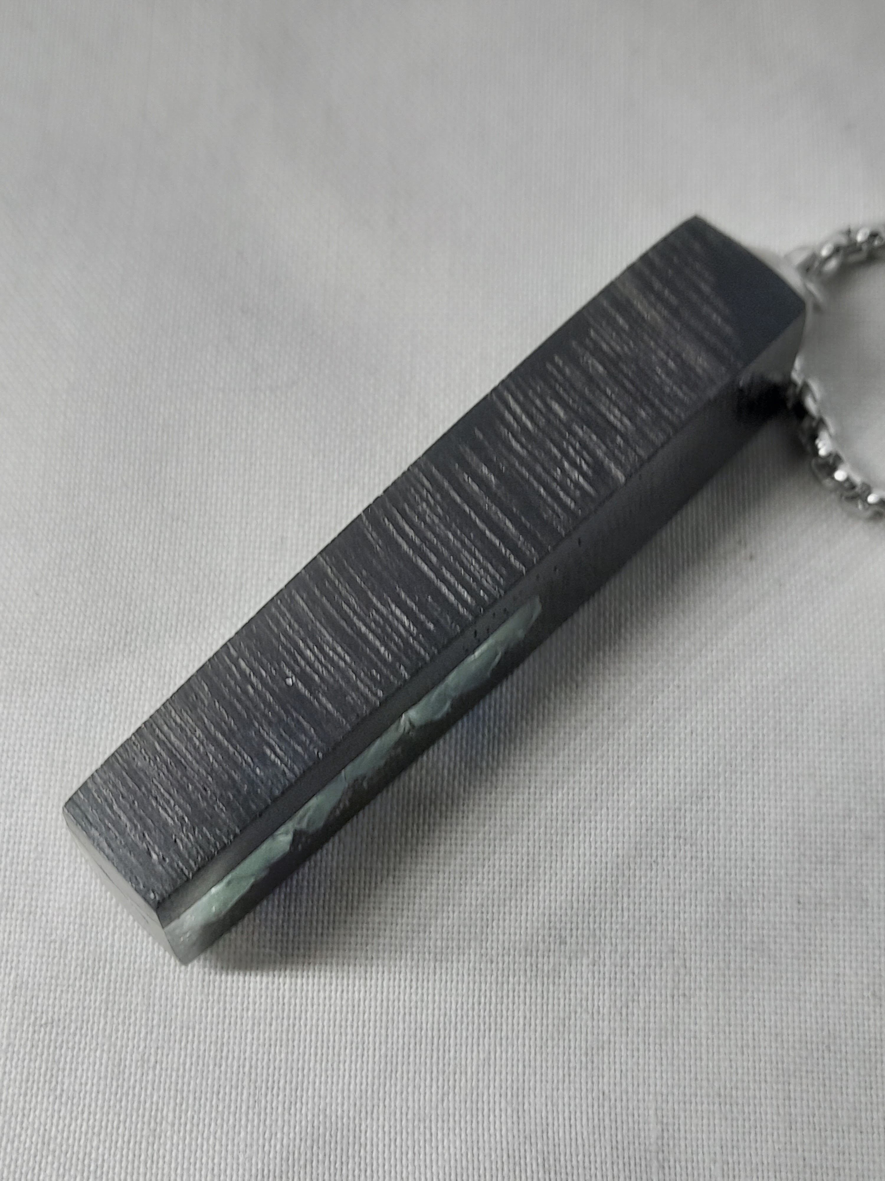 Handmade Irish Bog Oak Bar Pendant – Glow-in-the-Dark Green Stone Channel | Silver Chain