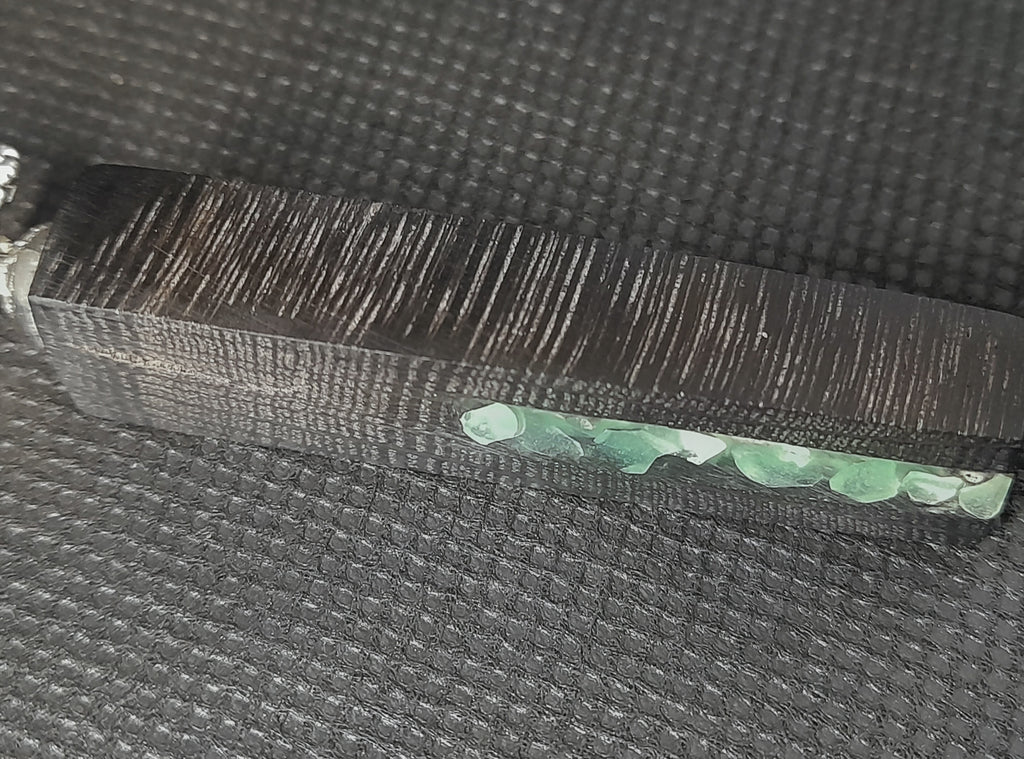 Handmade Irish Bog Oak Bar Pendant – Glow-in-the-Dark Green Stone Channel | Silver Chain