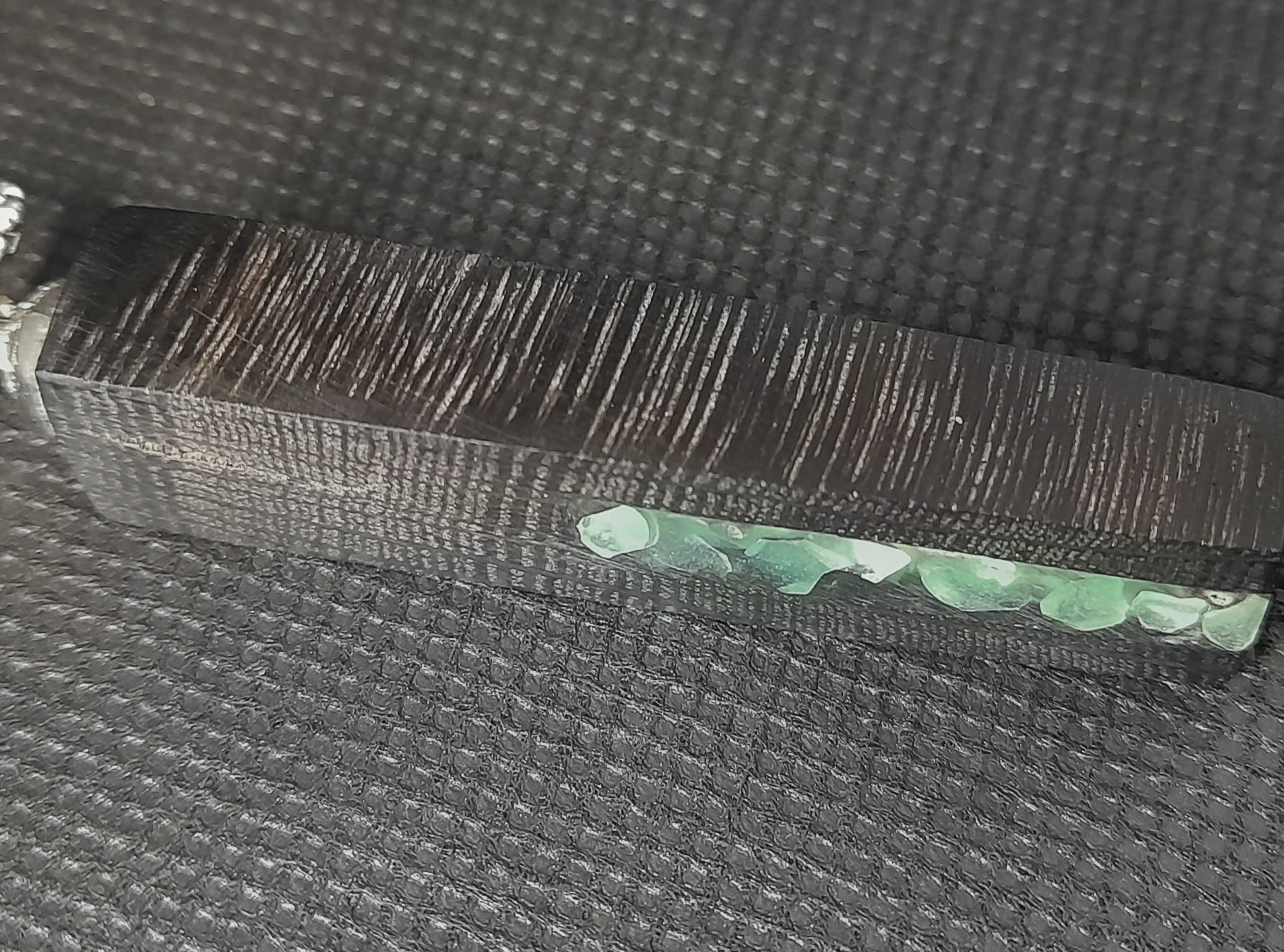 Handmade Irish Bog Oak Bar Pendant – Glow-in-the-Dark Green Stone Channel | Silver Chain