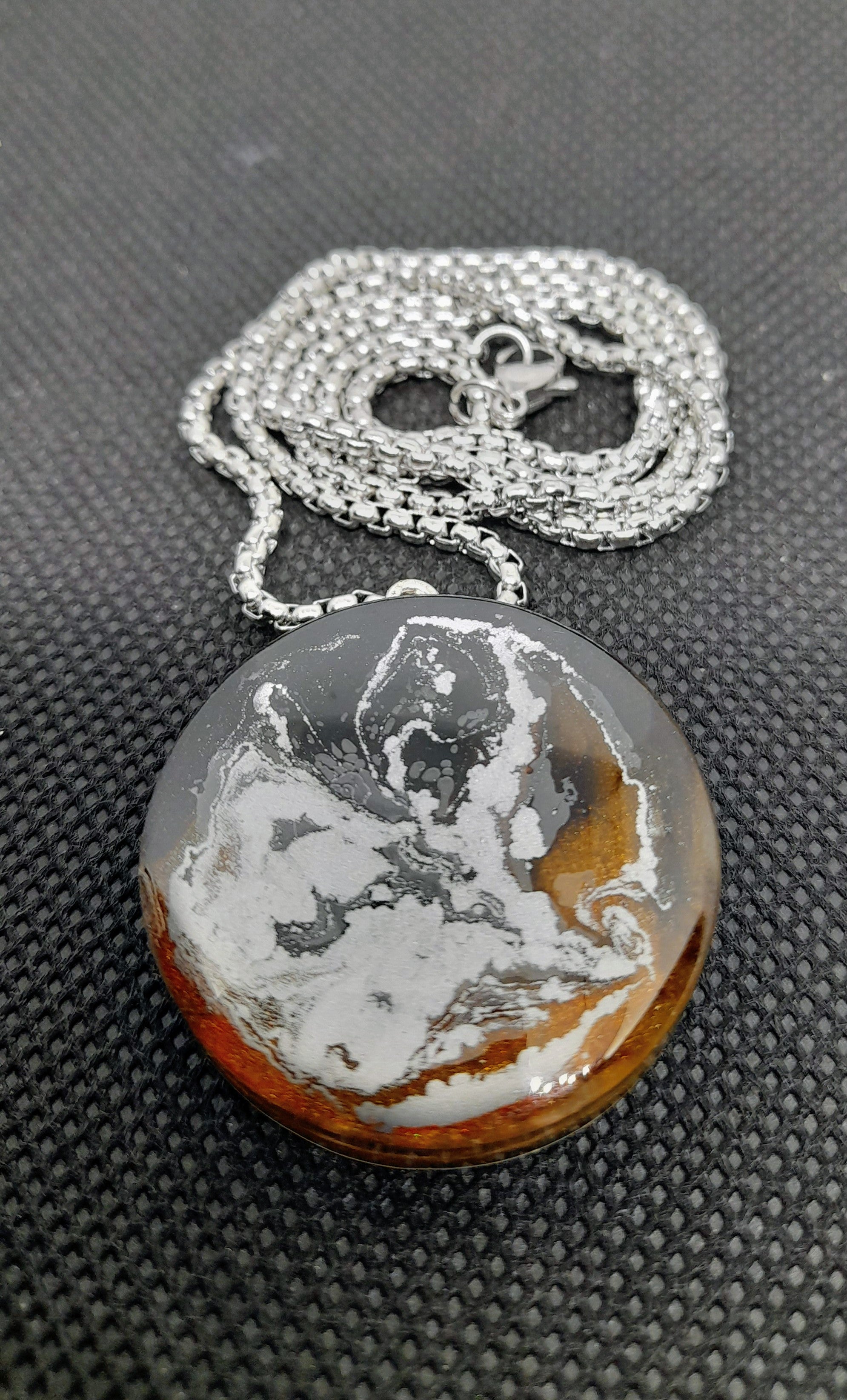 Handmade Double-Sided Resin Pendant – Amber, Black & Silver | Silver Chain