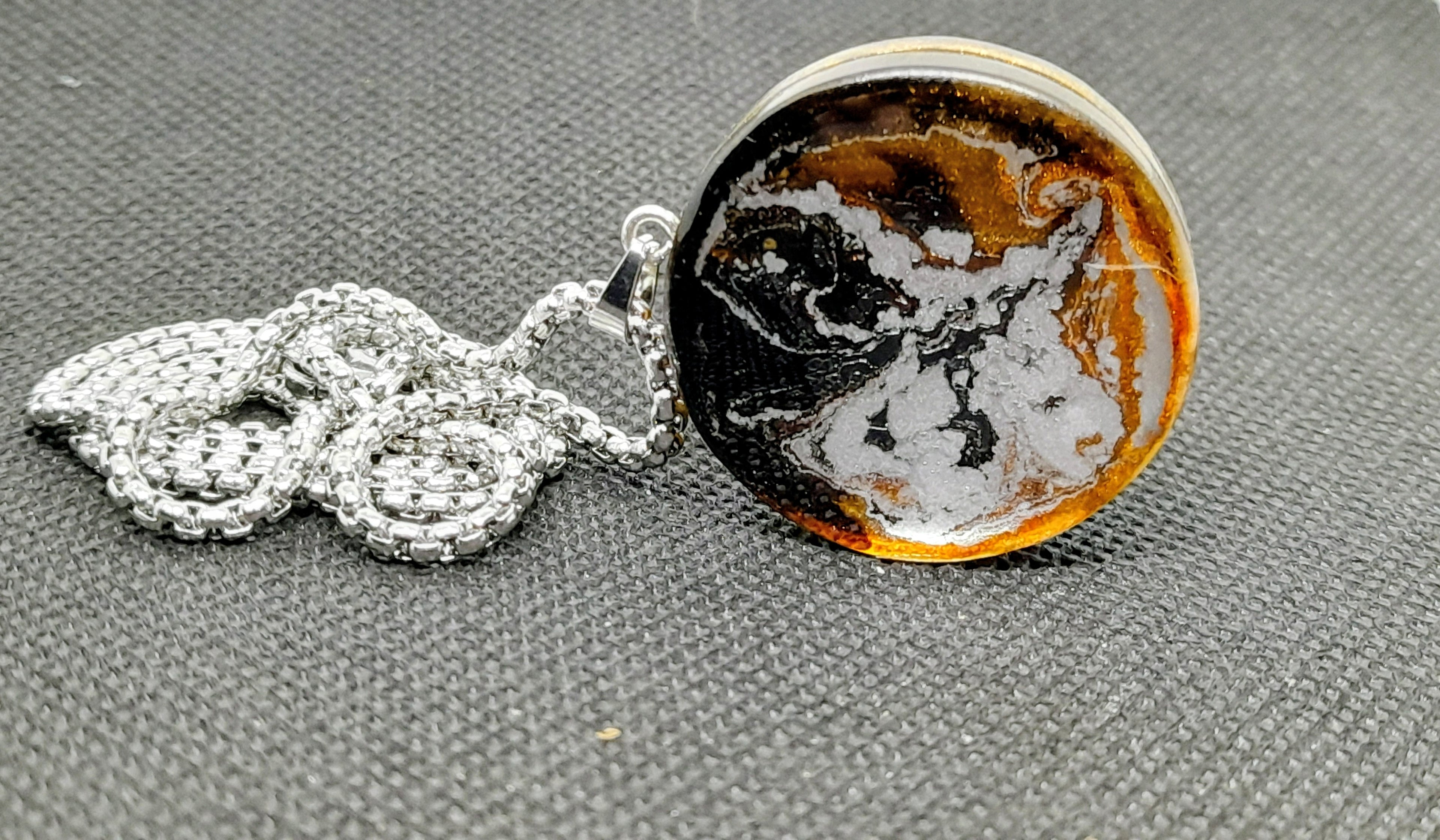 Handmade Double-Sided Resin Pendant – Amber, Black & Silver | Silver Chain