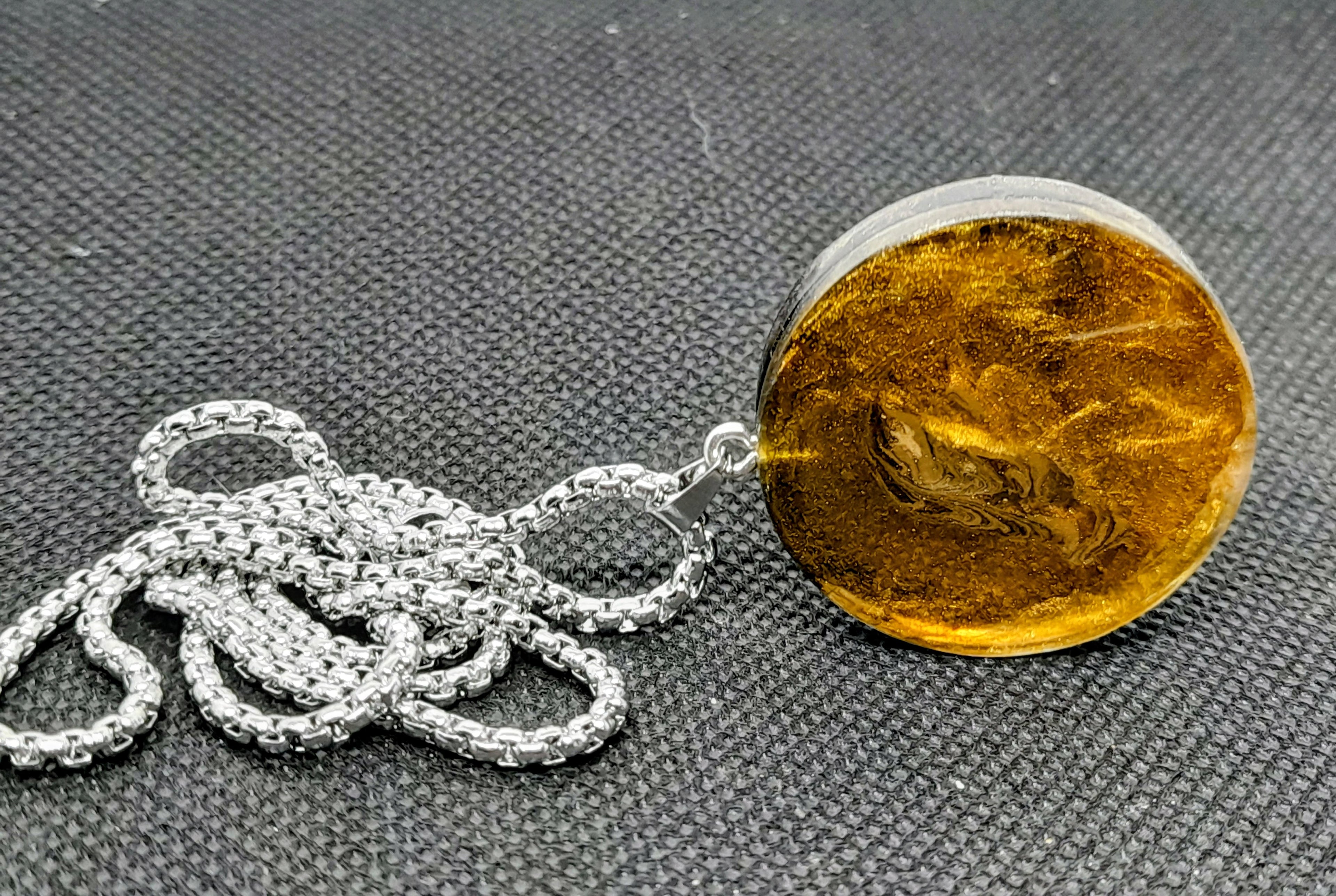 Handmade Double-Sided Resin Pendant – Amber, Black & Silver | Silver Chain