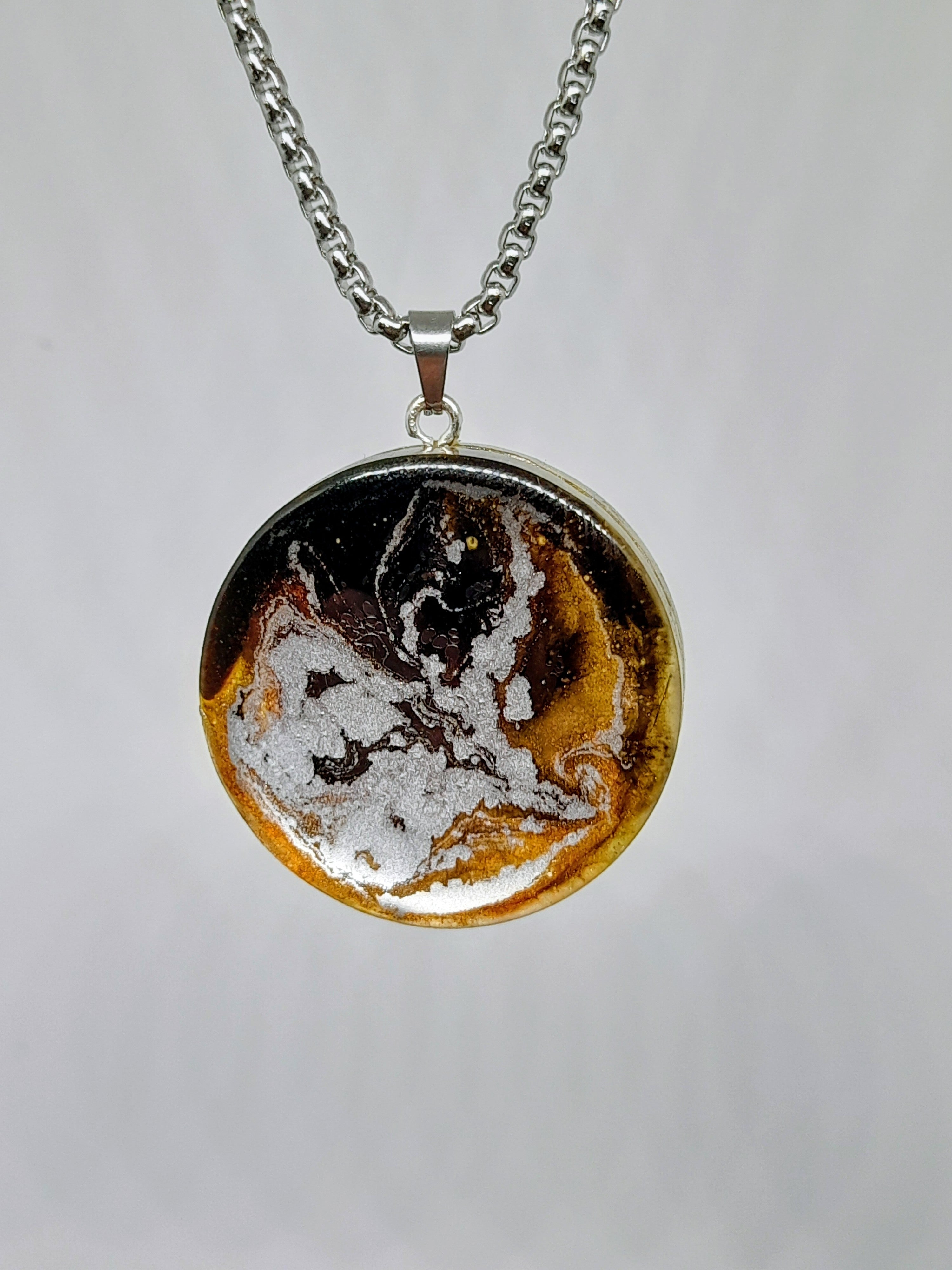 Handmade Double-Sided Resin Pendant – Amber, Black & Silver | Silver Chain