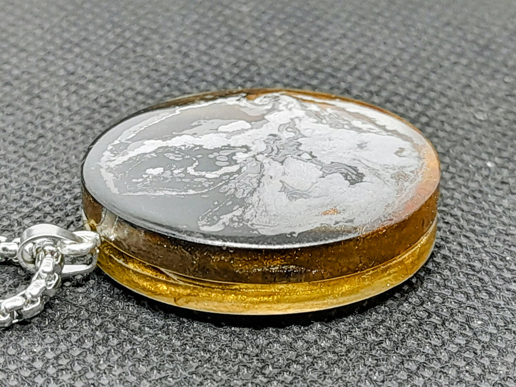 Handmade Double-Sided Resin Pendant – Amber, Black & Silver | Silver Chain