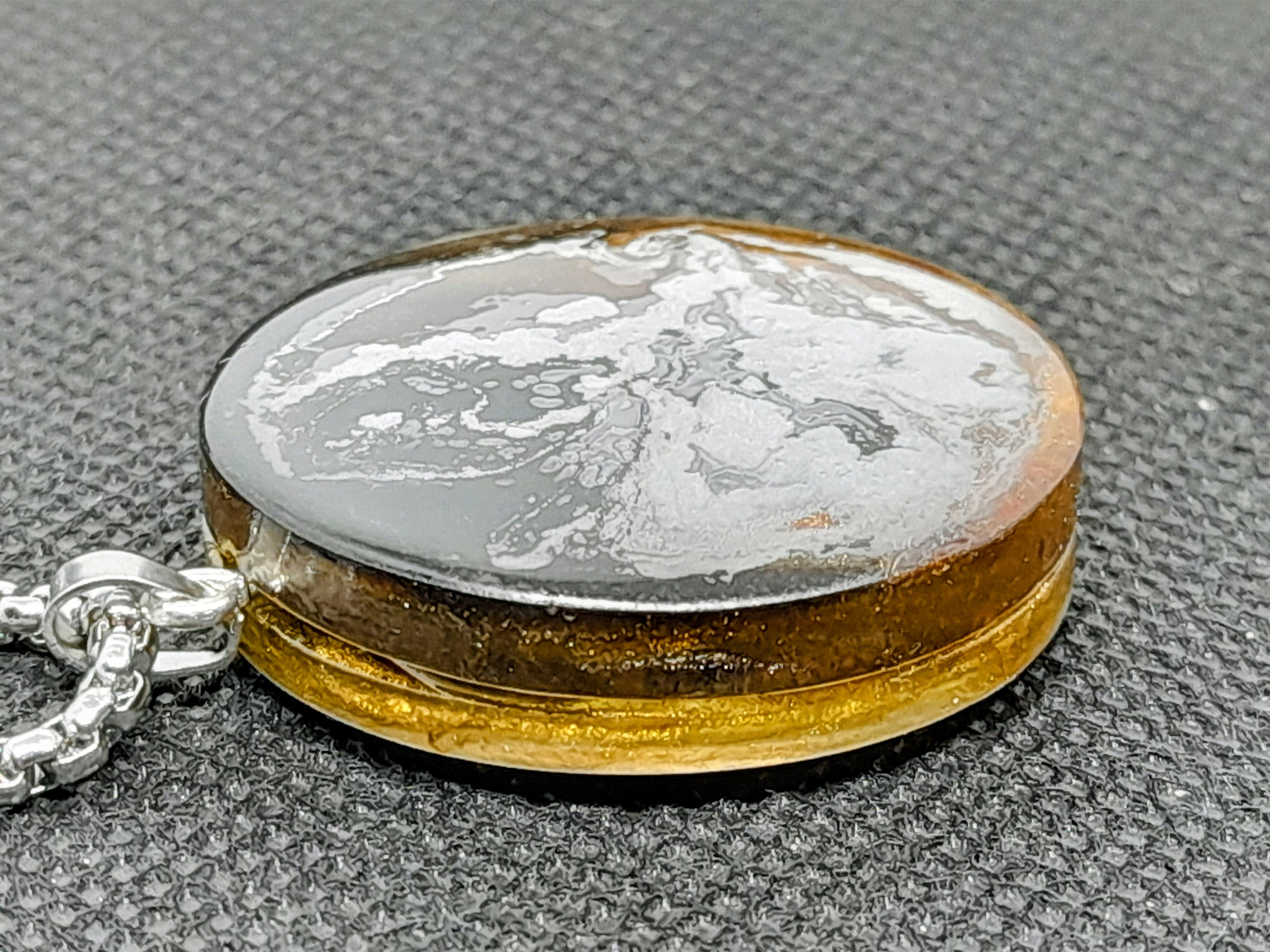 Handmade Double-Sided Resin Pendant – Amber, Black & Silver | Silver Chain