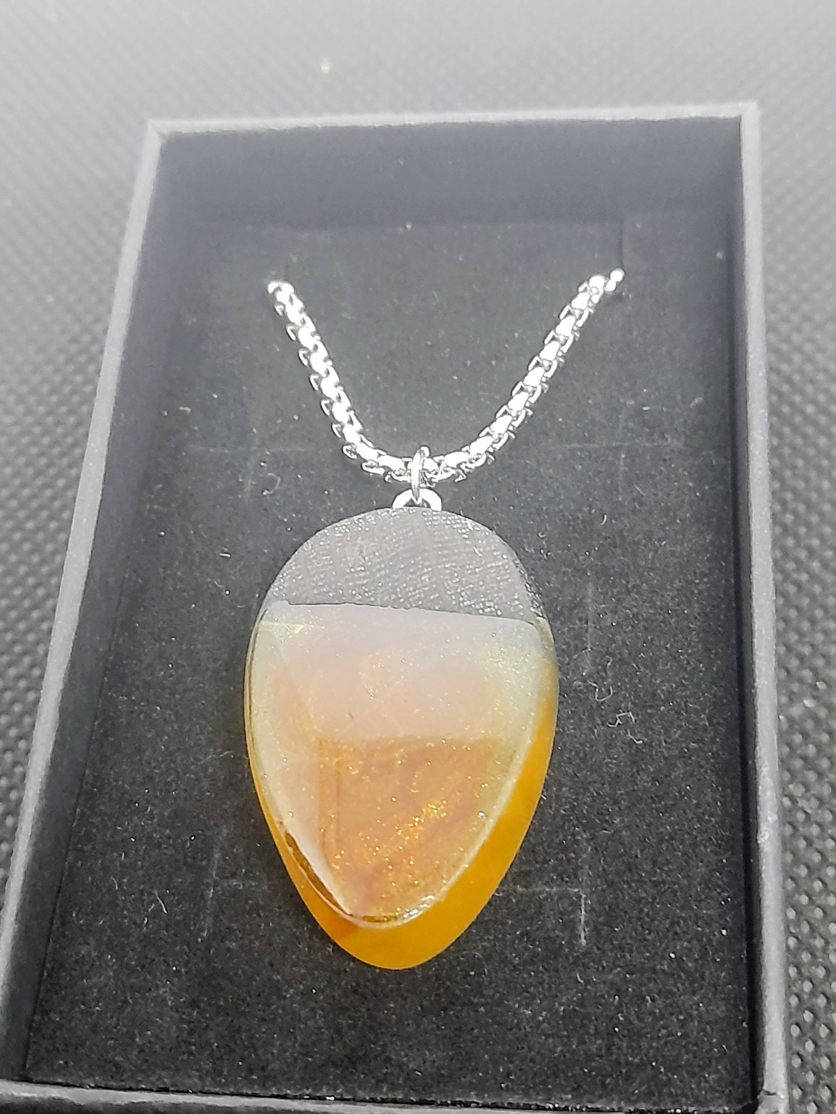 Handmade Irish Bog Oak Teardrop Pendant – Amber Orange Resin | Silver Chain