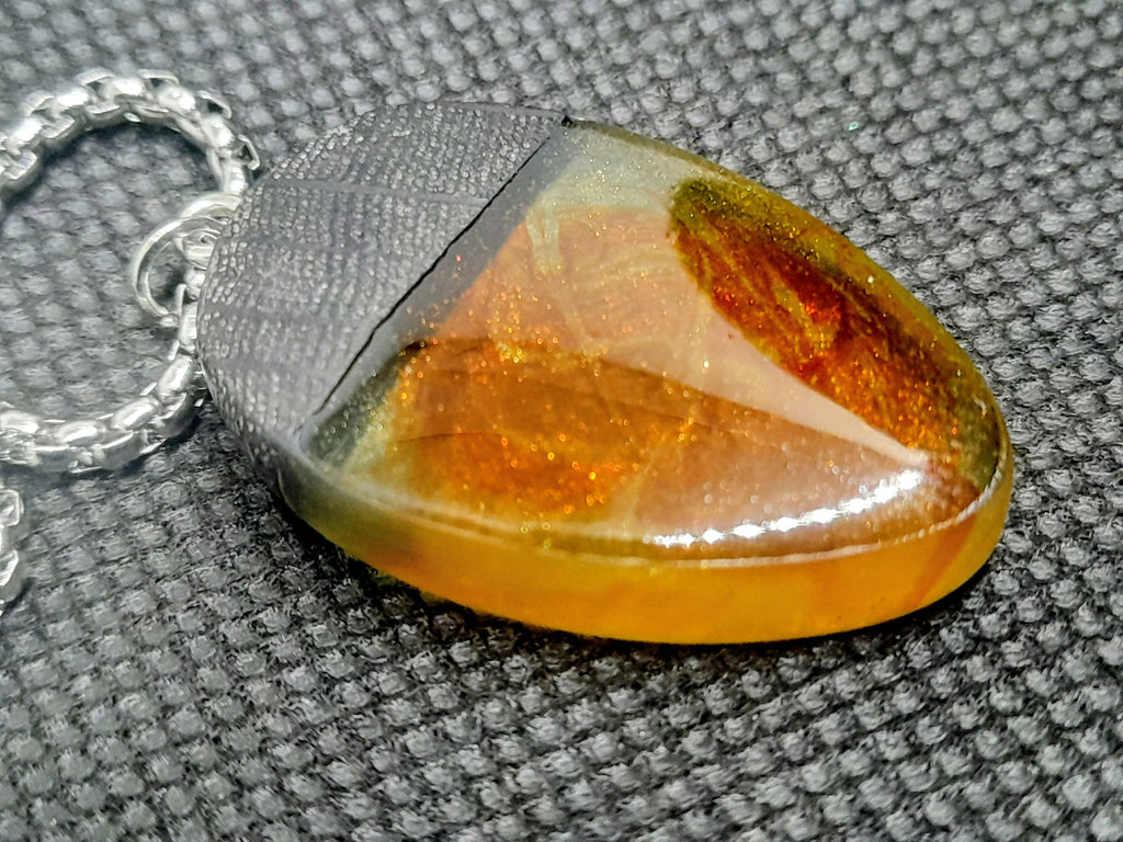 Handmade Irish Bog Oak Teardrop Pendant – Amber Orange Resin | Silver Chain