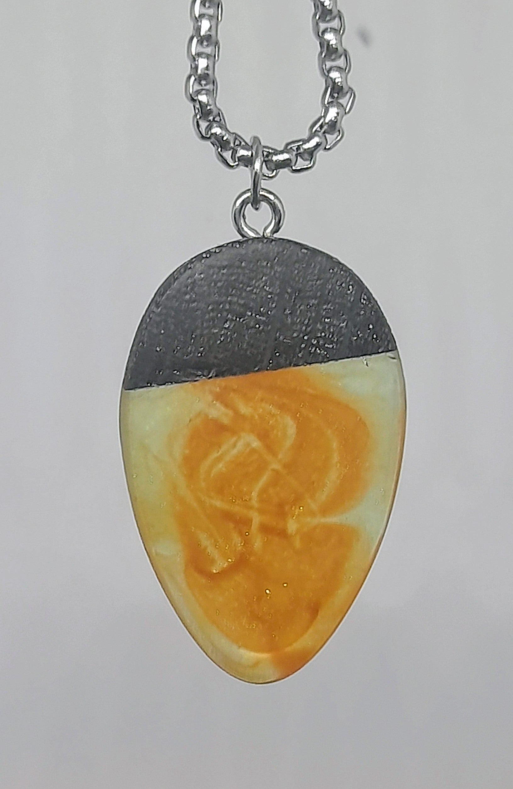 Handmade Irish Bog Oak Teardrop Pendant – Amber Orange Resin | Silver Chain