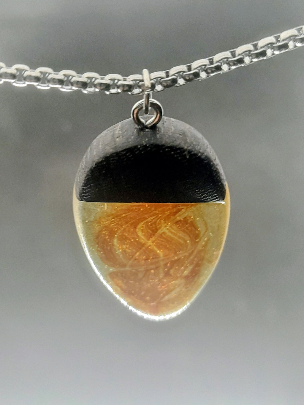 Handmade Irish Bog Oak Teardrop Pendant – Amber Orange Resin | Silver Chain