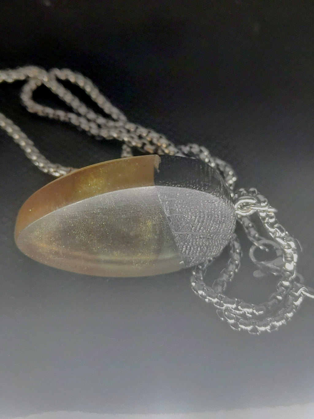 Handmade Irish Bog Oak Teardrop Pendant – Amber Orange Resin | Silver Chain