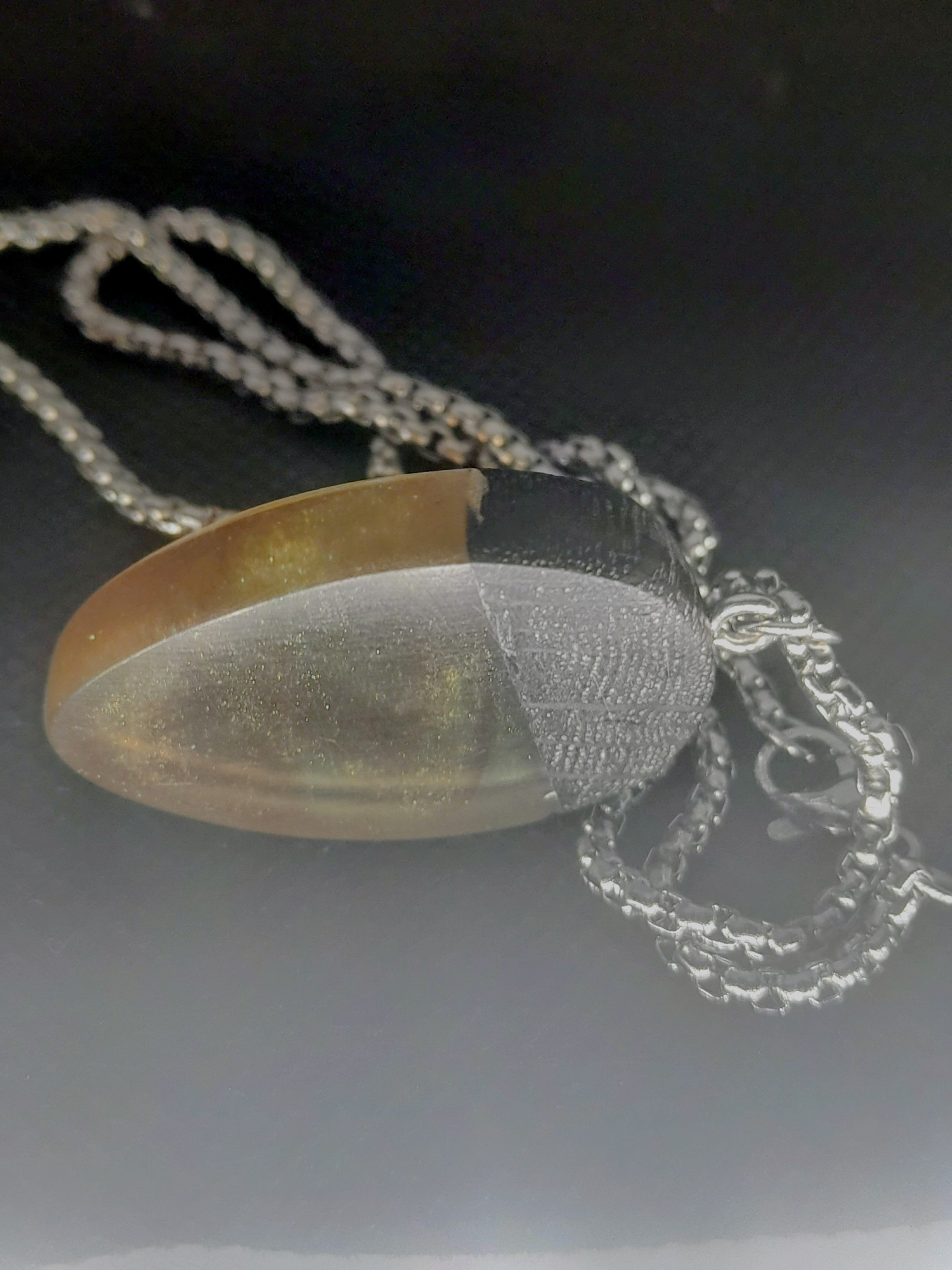 Handmade Irish Bog Oak Teardrop Pendant – Amber Orange Resin | Silver Chain