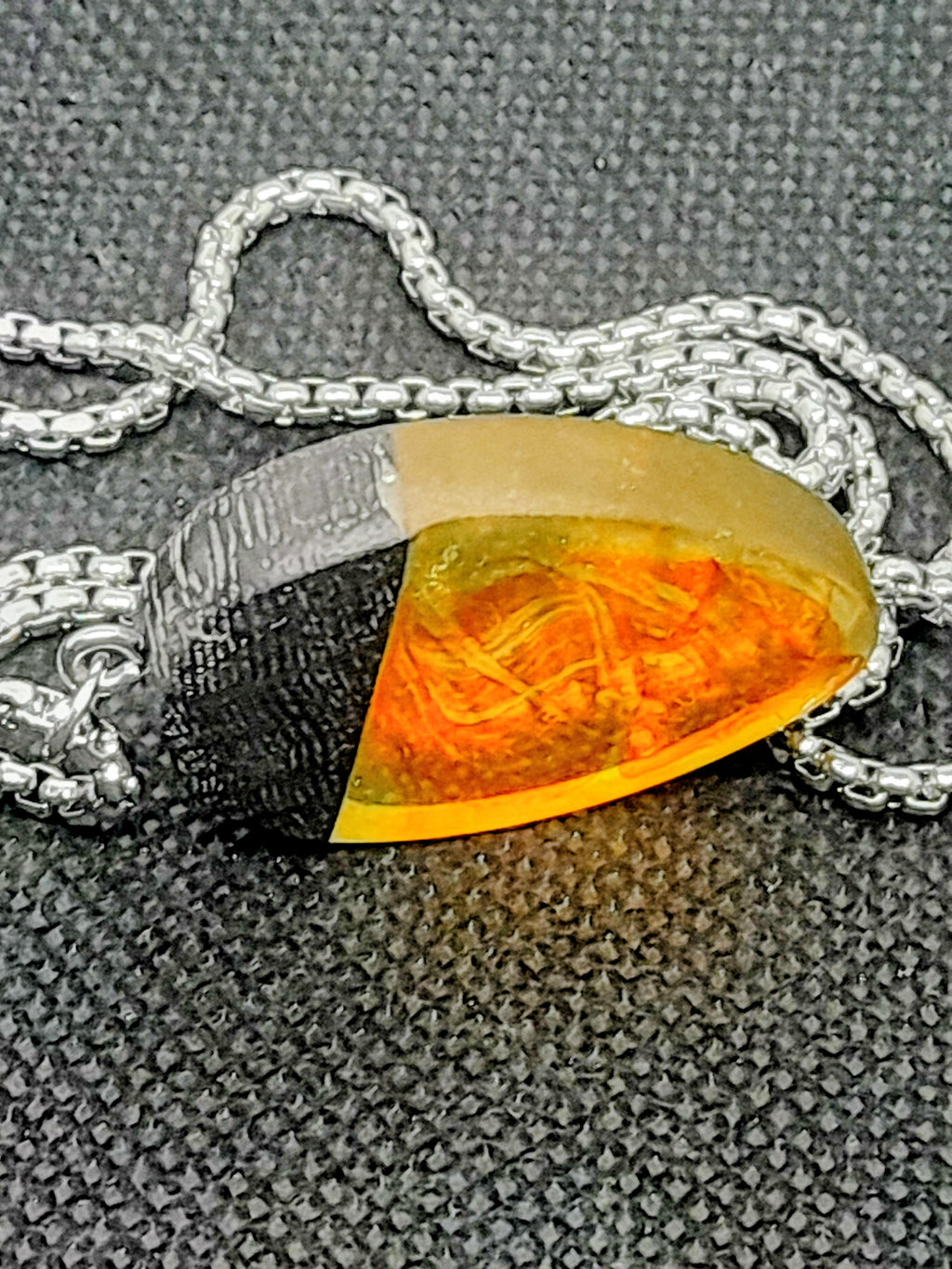 Handmade Irish Bog Oak Teardrop Pendant – Amber Orange Resin | Silver Chain