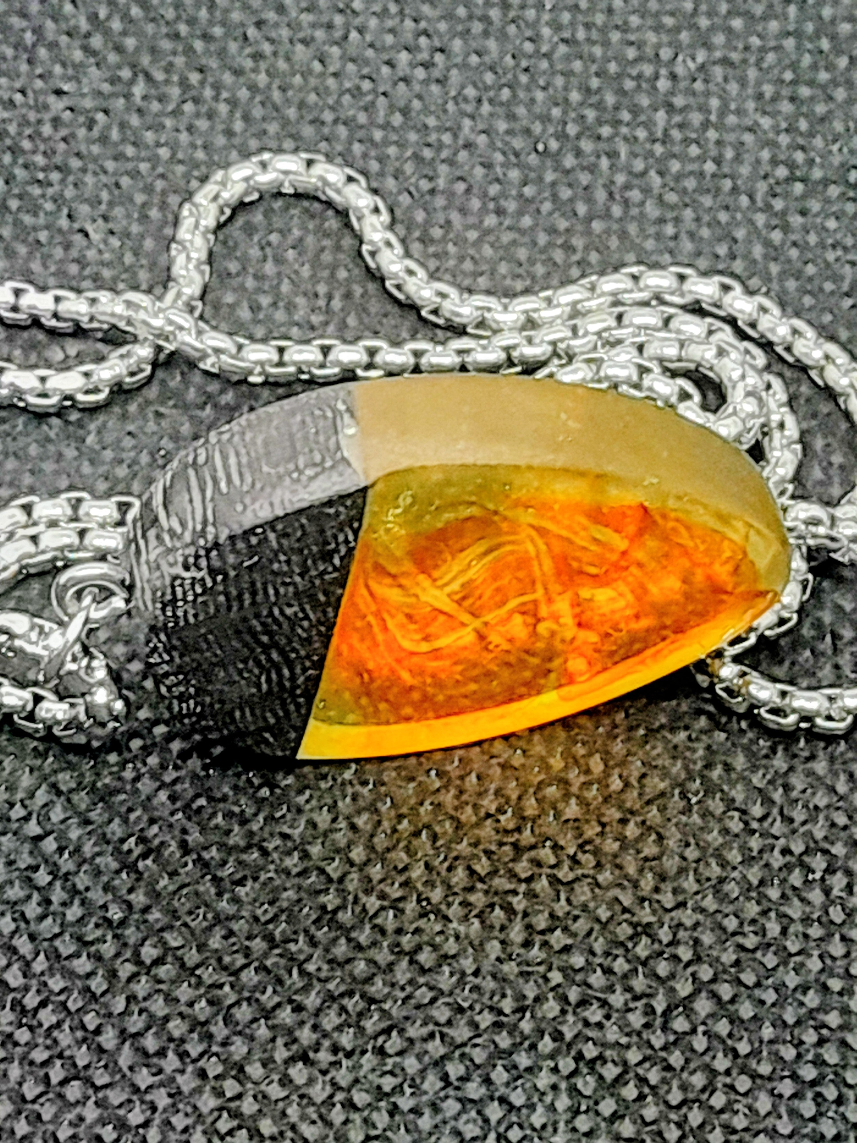 Handmade Irish Bog Oak Teardrop Pendant – Amber Orange Resin | Silver Chain