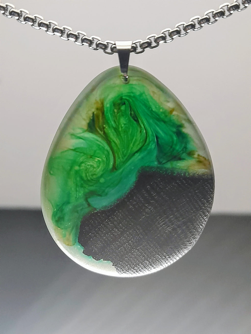 Handmade Irish Bog Oak Teardrop Pendant – Emerald Green Resin | Stainless Steel titanium plated chain