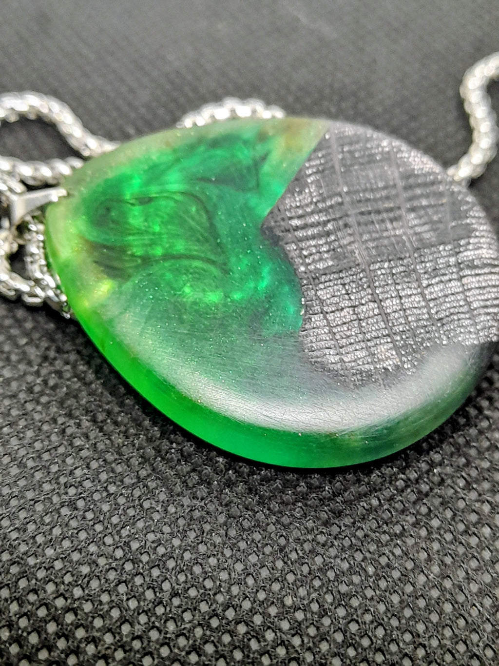 Handmade Irish Bog Oak Teardrop Pendant – Emerald Green Resin | Stainless Steel titanium plated chain