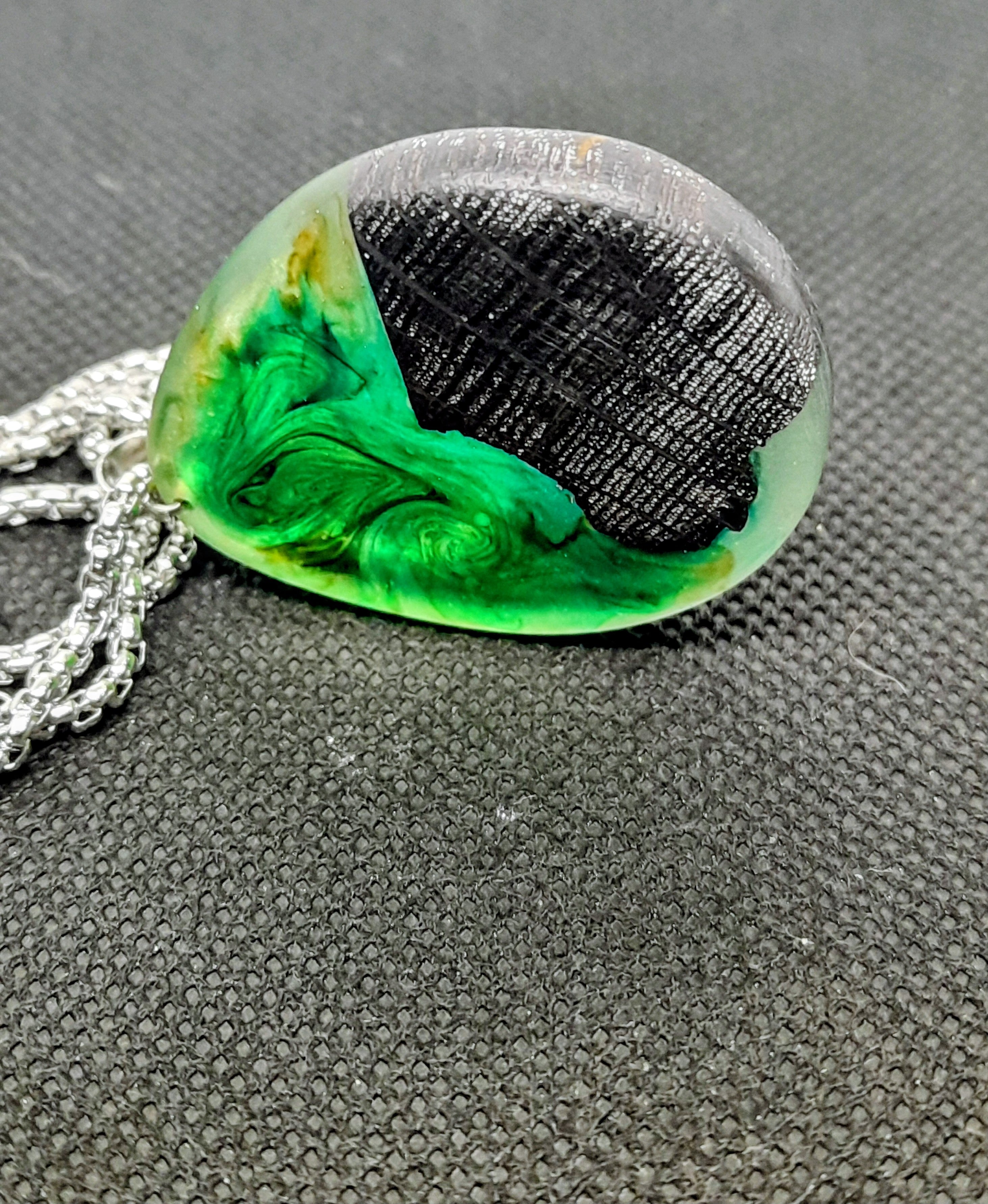 Handmade Irish Bog Oak Teardrop Pendant – Emerald Green Resin | Stainless Steel titanium plated chain