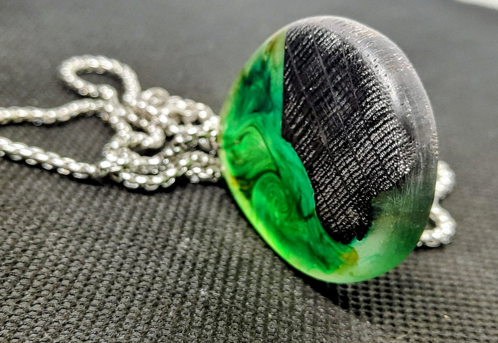 Handmade Irish Bog Oak Teardrop Pendant – Emerald Green Resin | Stainless Steel titanium plated chain