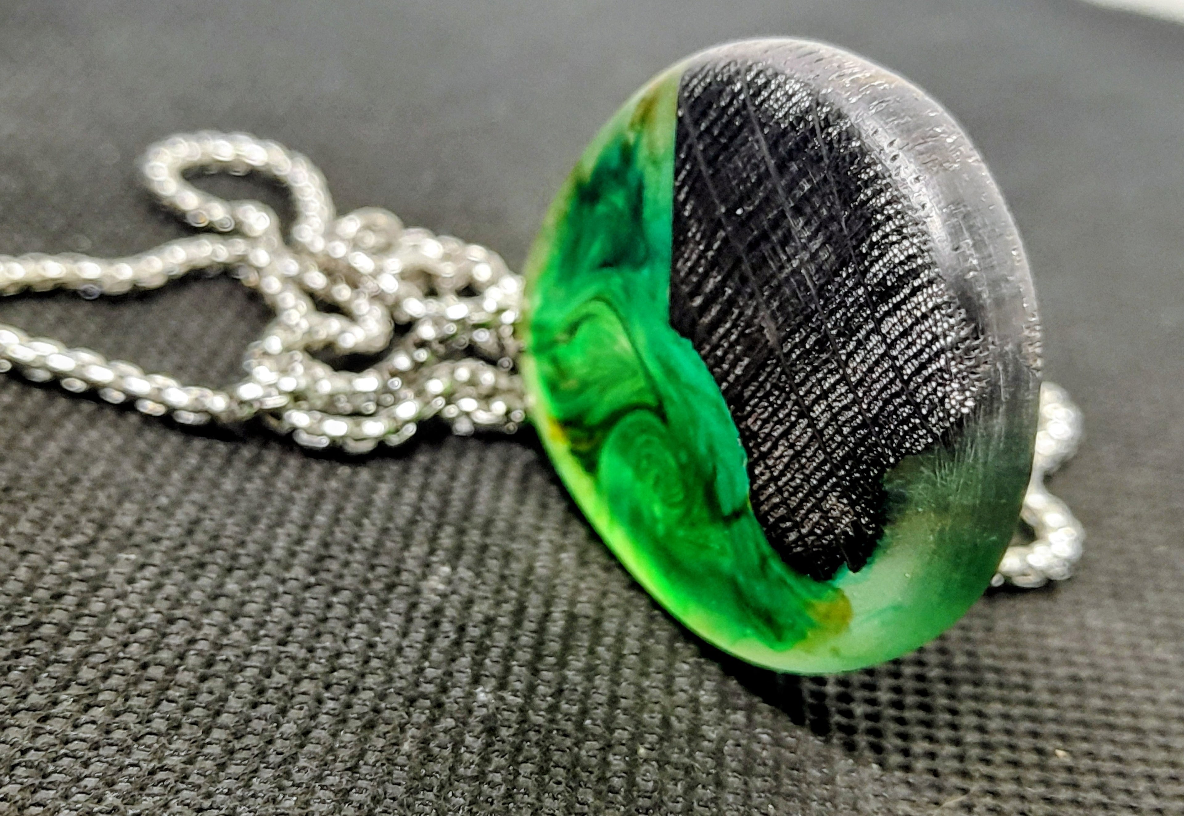 Handmade Irish Bog Oak Teardrop Pendant – Emerald Green Resin | Stainless Steel titanium plated chain