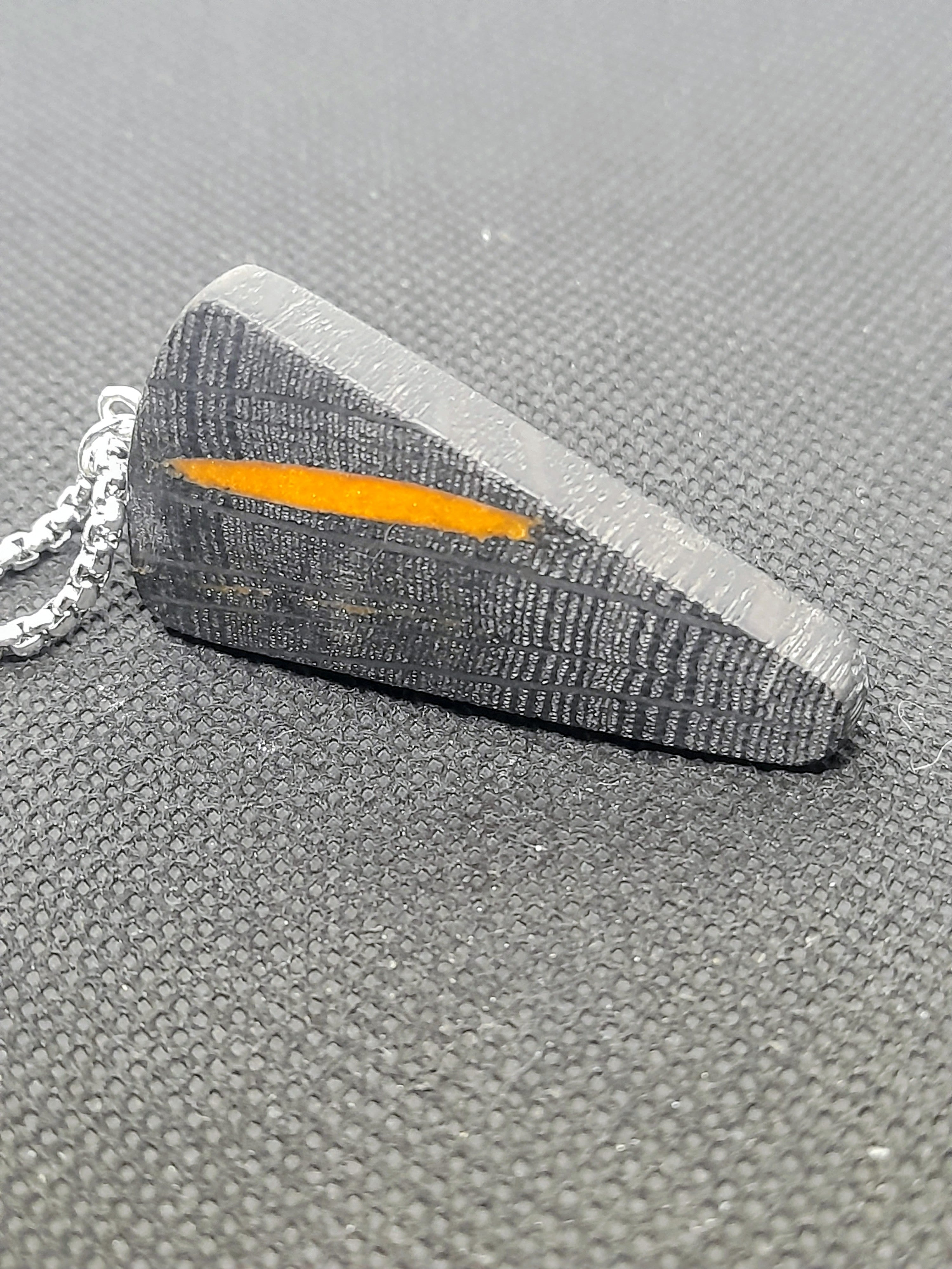 Handmade Irish Bog Oak Pendant – Orange Resin Inlay | Clear Edge | Silver Chain