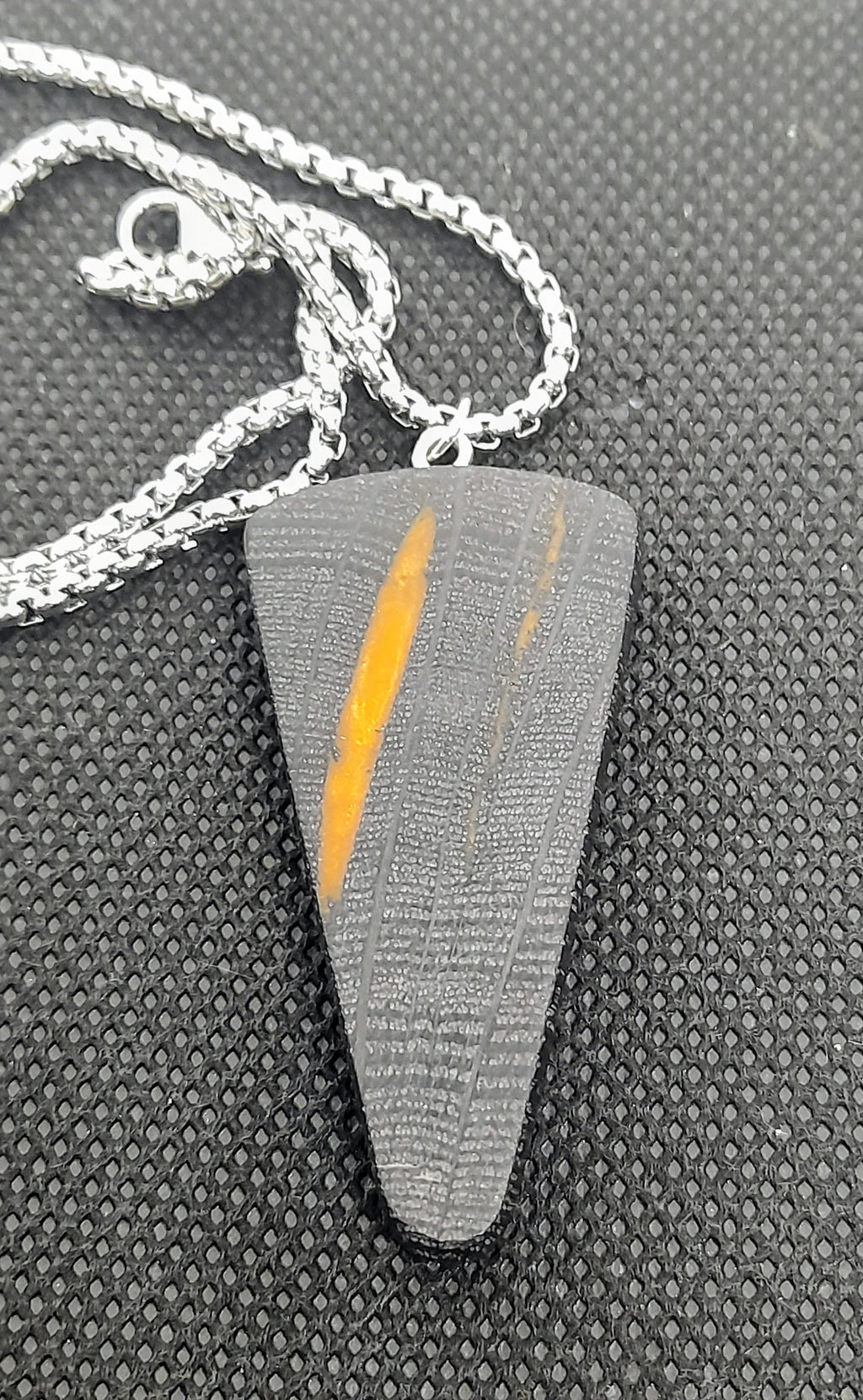 Handmade Irish Bog Oak Pendant – Orange Resin Inlay | Clear Edge | Silver Chain