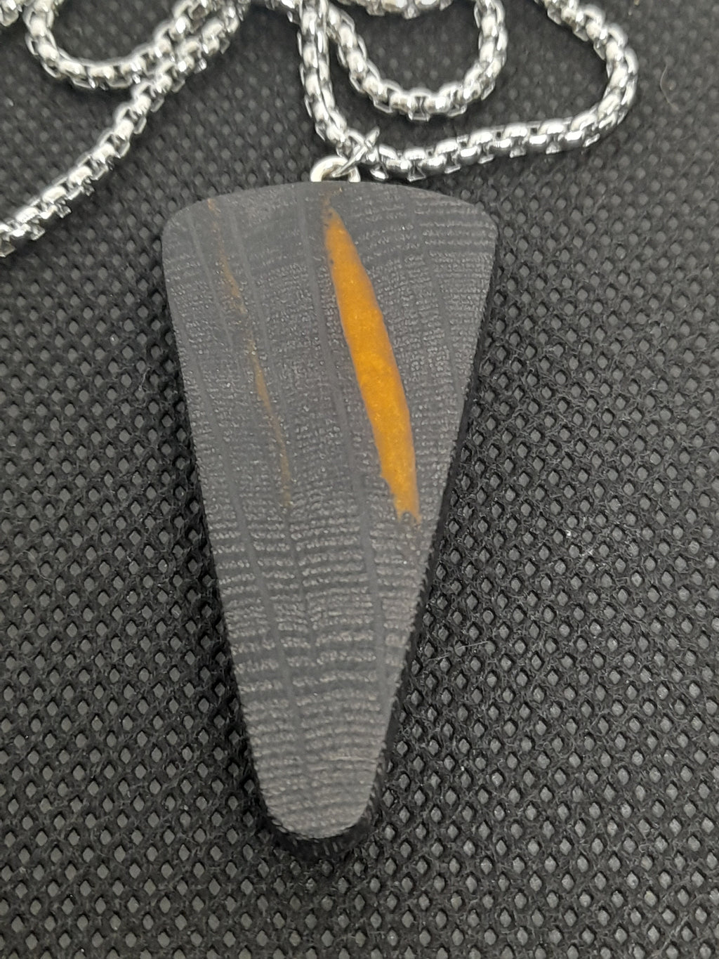 Handmade Irish Bog Oak Pendant – Orange Resin Inlay | Clear Edge | Silver Chain