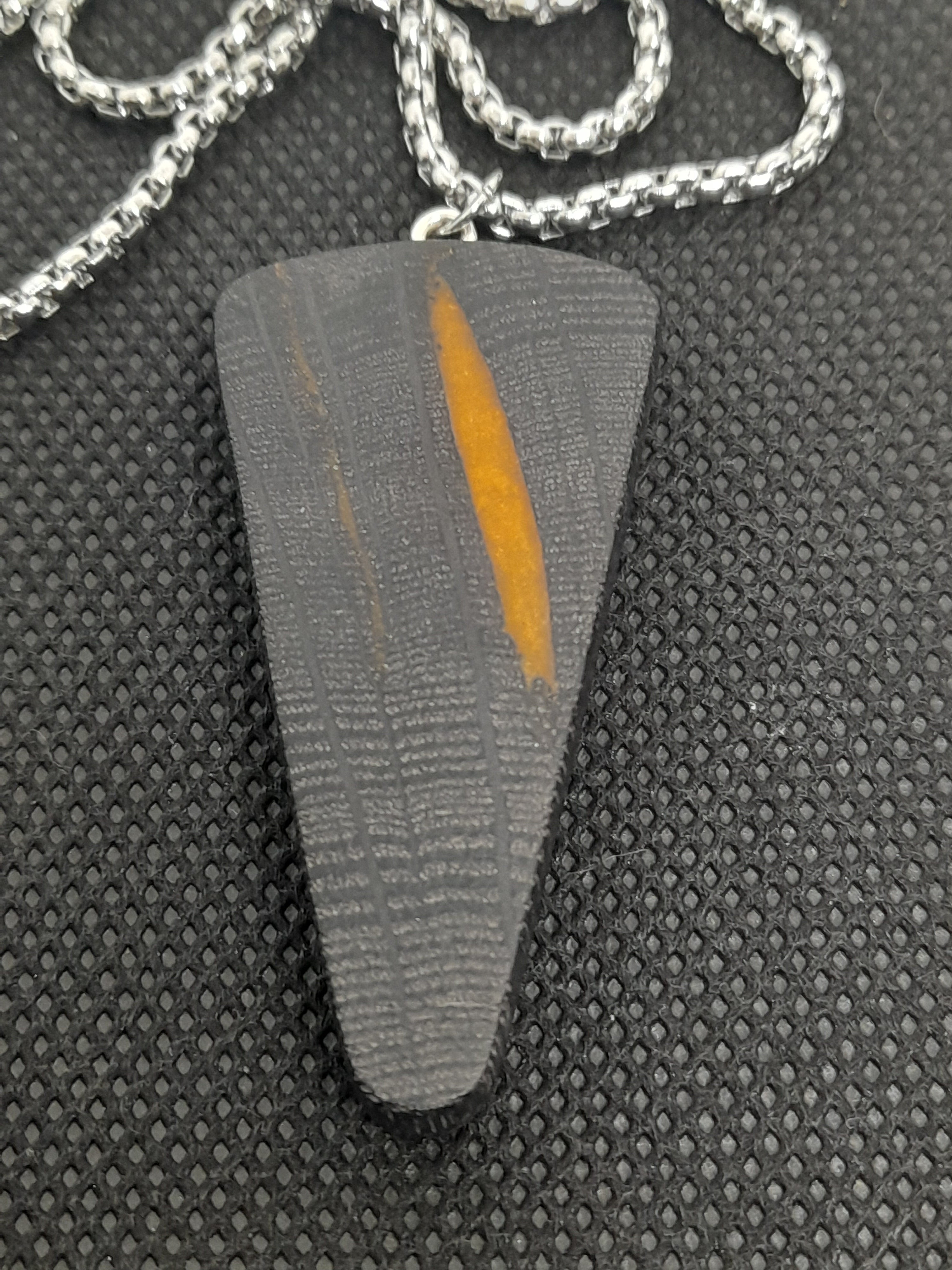 Handmade Irish Bog Oak Pendant – Orange Resin Inlay | Clear Edge | Silver Chain