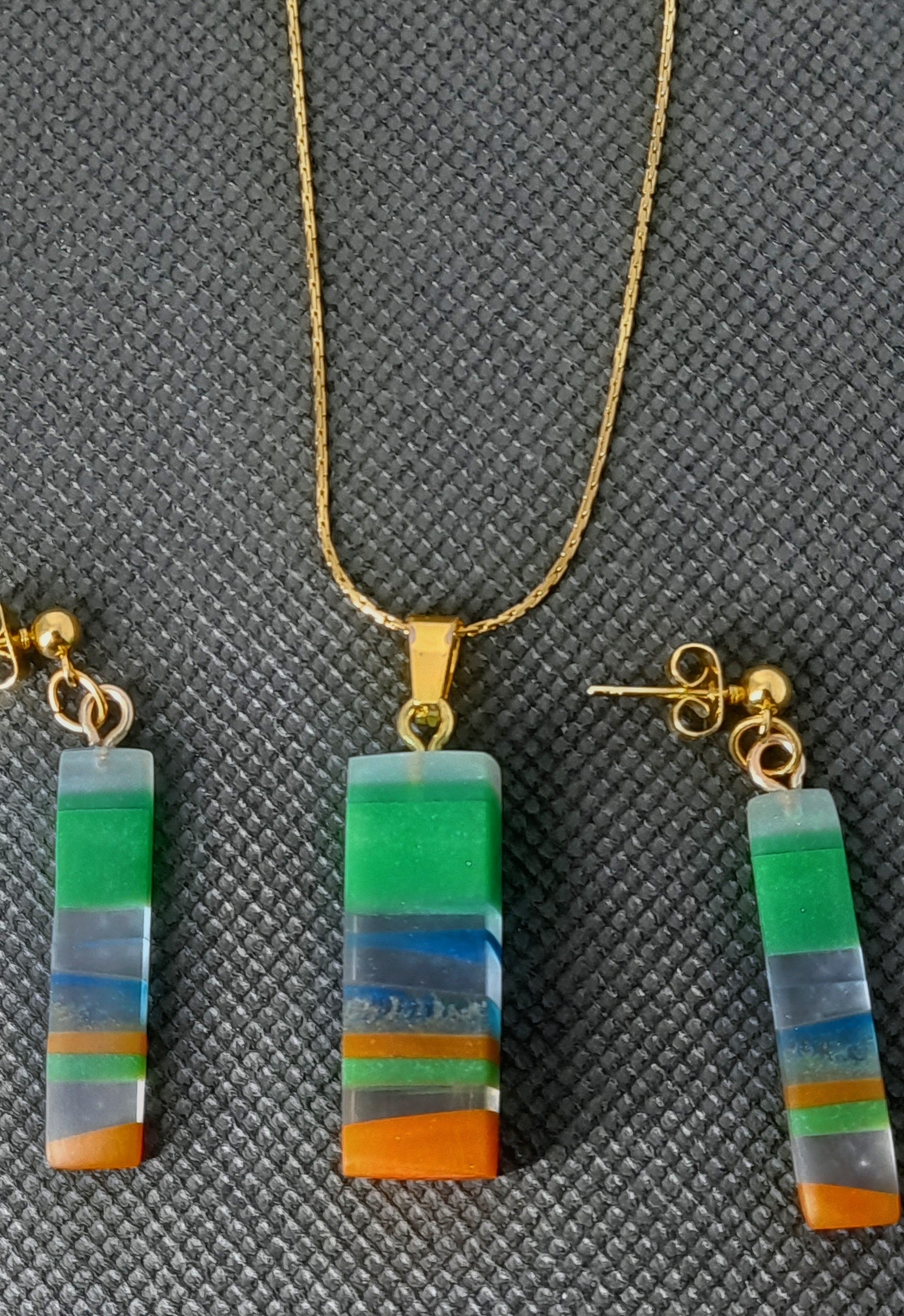 Handmade Irish Colours Resin Jewellery Set – Pendant & Matching Earrings | Stainless Steel chain/findings