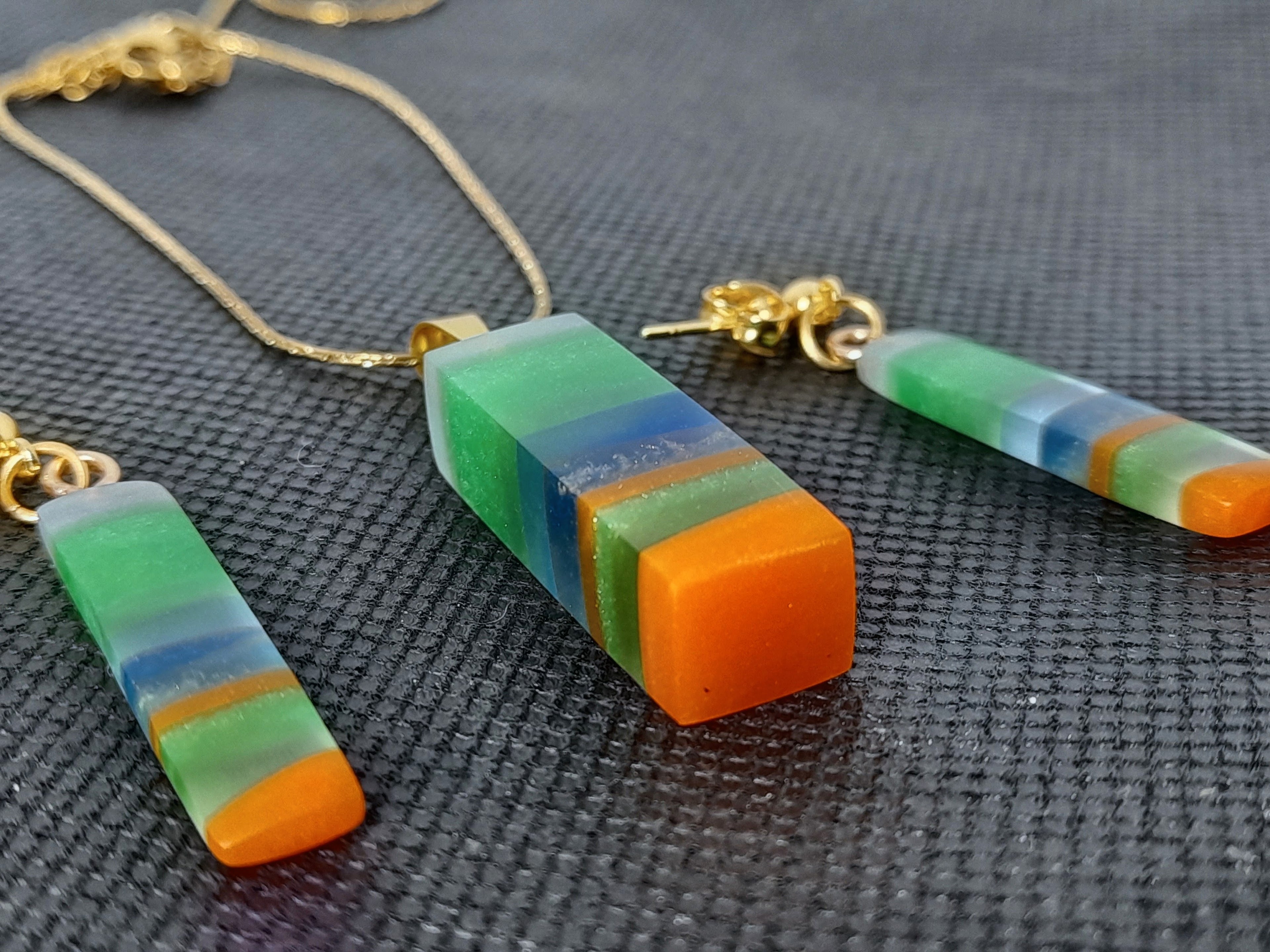 Handmade Irish Colours Resin Jewellery Set – Pendant & Matching Earrings | Stainless Steel chain/findings