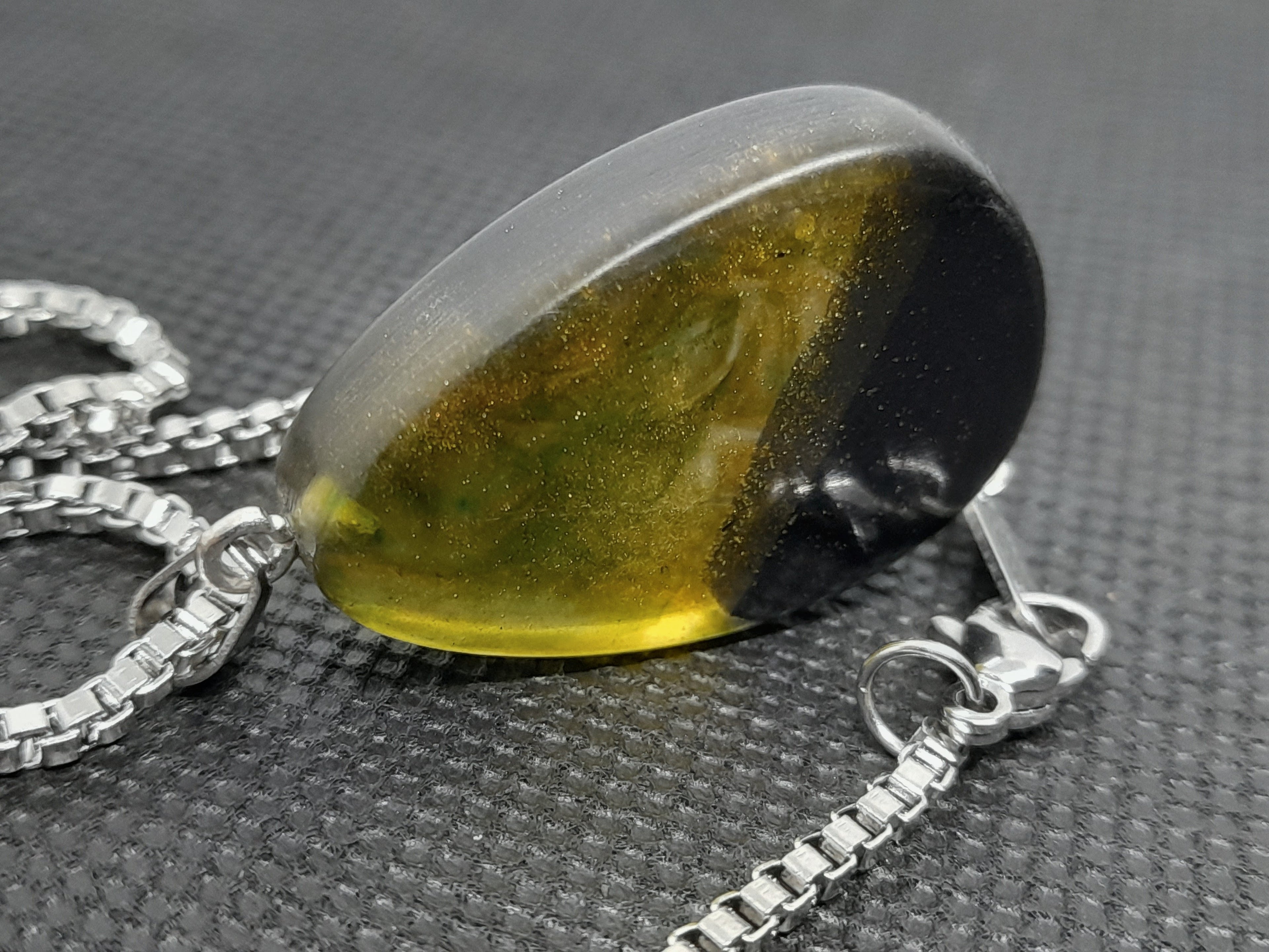 Handmade Irish Bog Oak Teardrop Pendant – Sealed in Yellow-Green Resin | Silver Chain