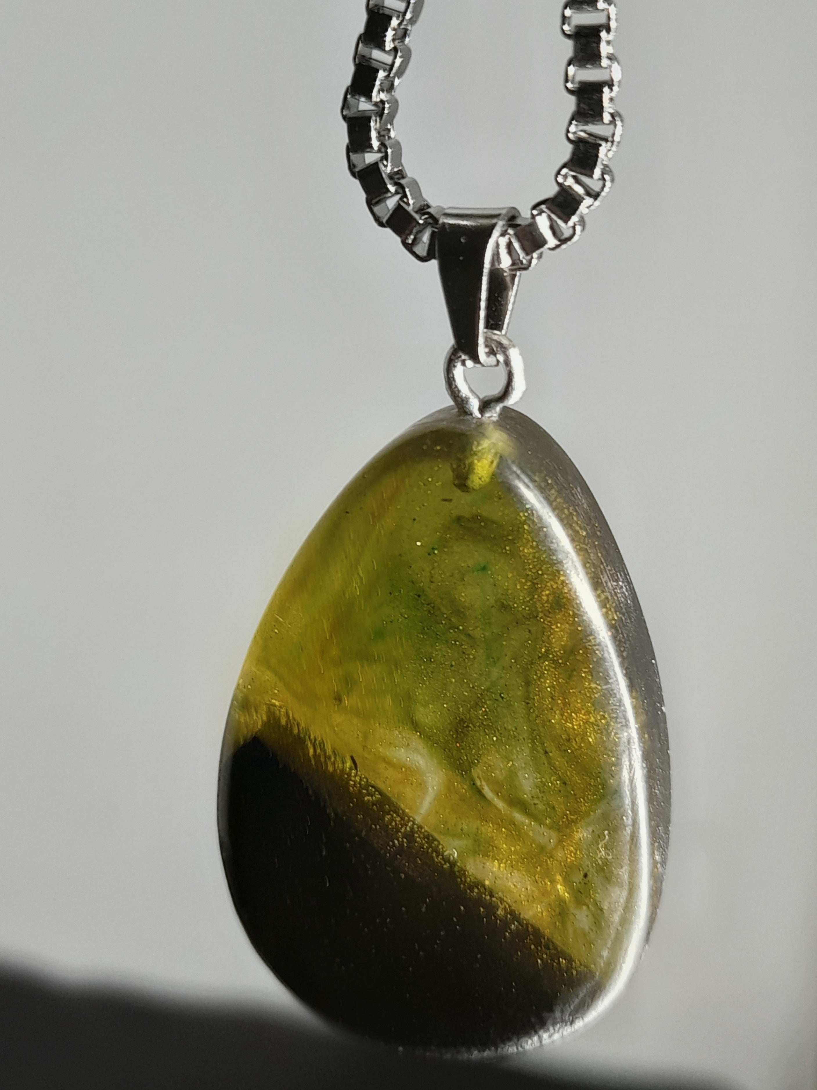 Handmade Irish Bog Oak Teardrop Pendant – Sealed in Yellow-Green Resin | Silver Chain