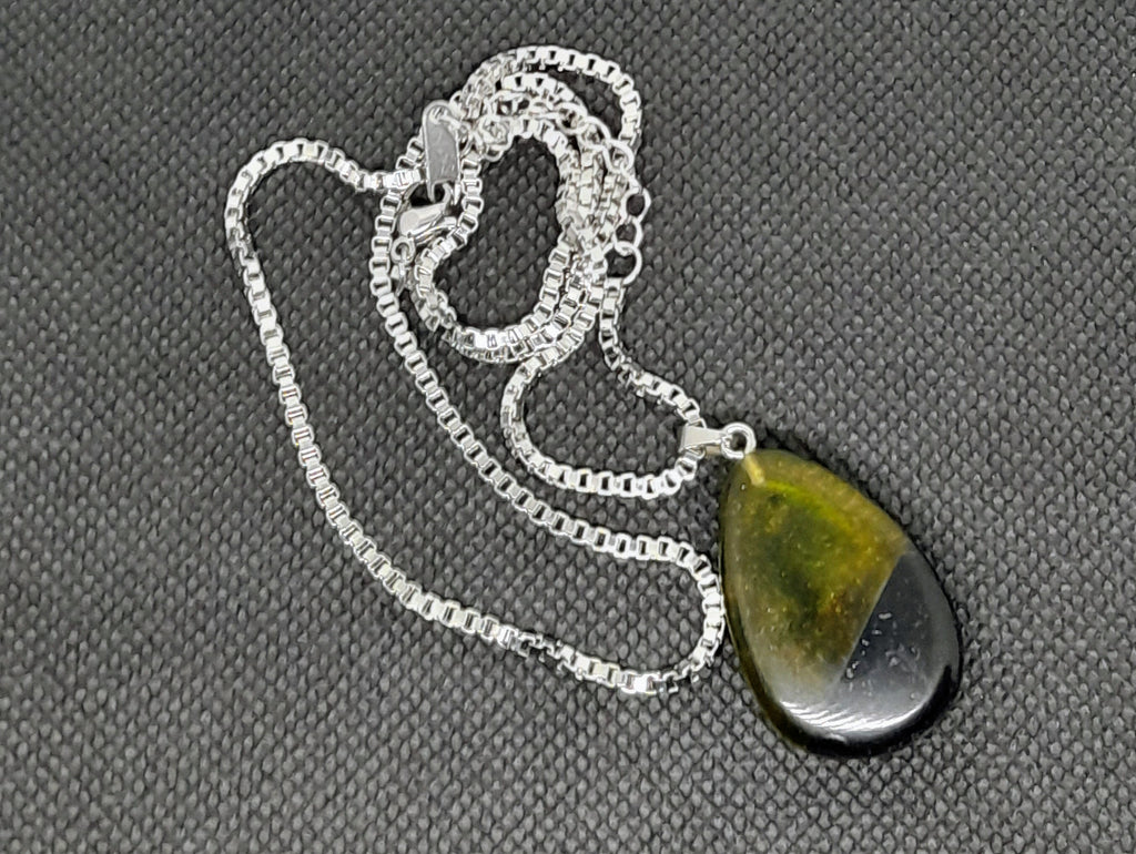 Handmade Irish Bog Oak Teardrop Pendant – Sealed in Yellow-Green Resin | Silver Chain